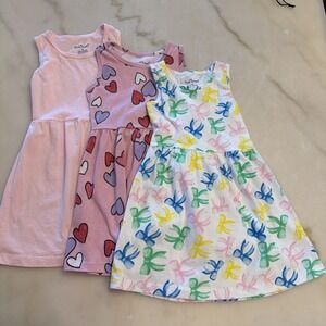 Lot of 3 Pink Angel Sleeveless Cotton Sun Dresses Size 4- Bows, Pink, Hearts